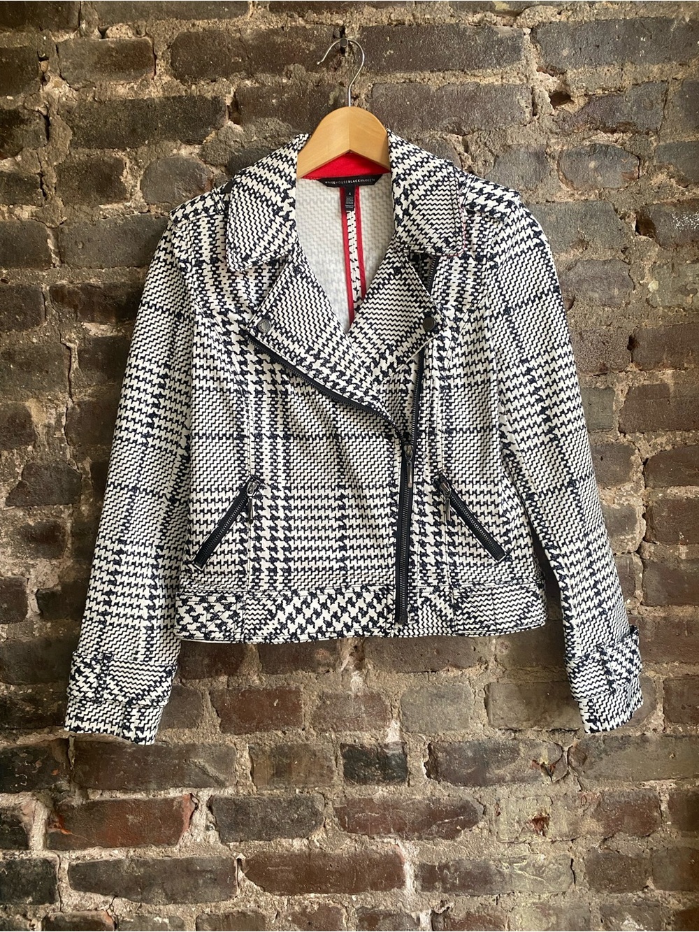 White House Black Market Black & White Houndstooth Moto Jacket